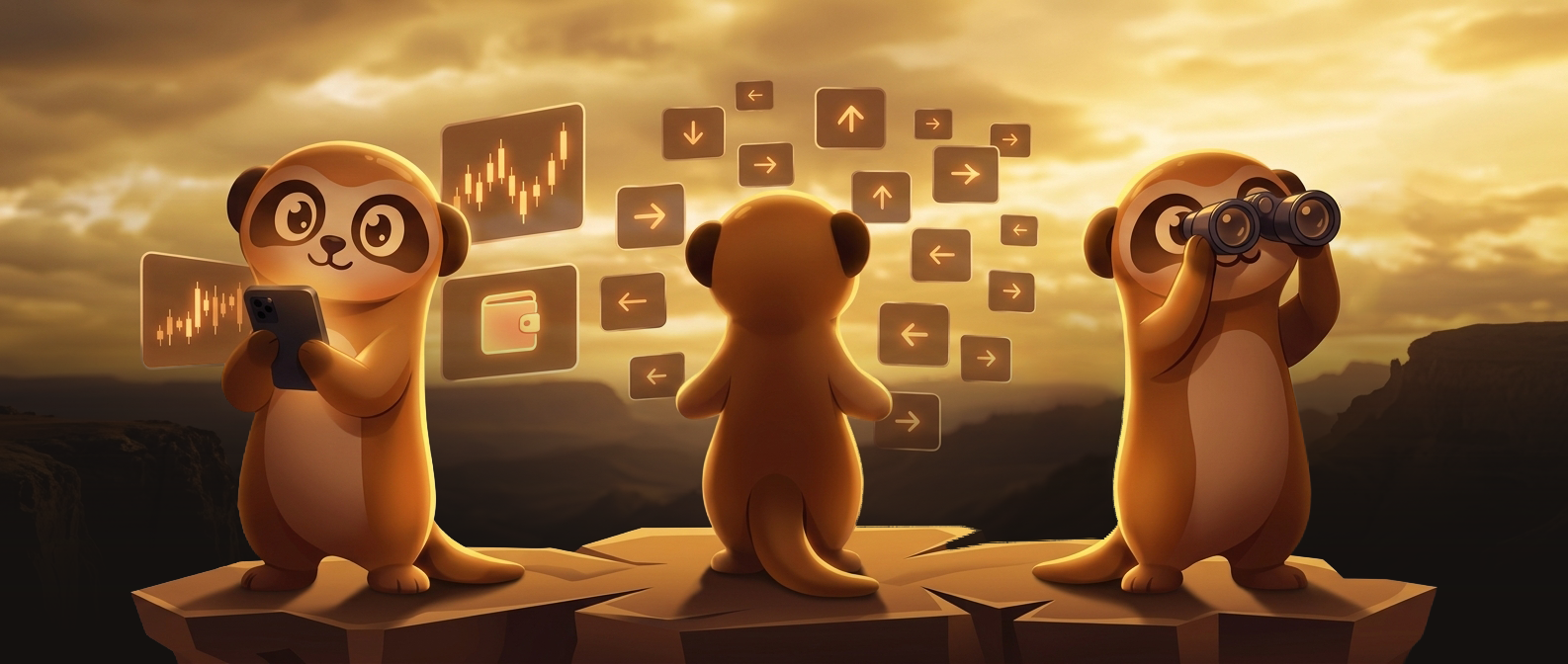 Three meerkats watching trading signals, charts, and the horizon